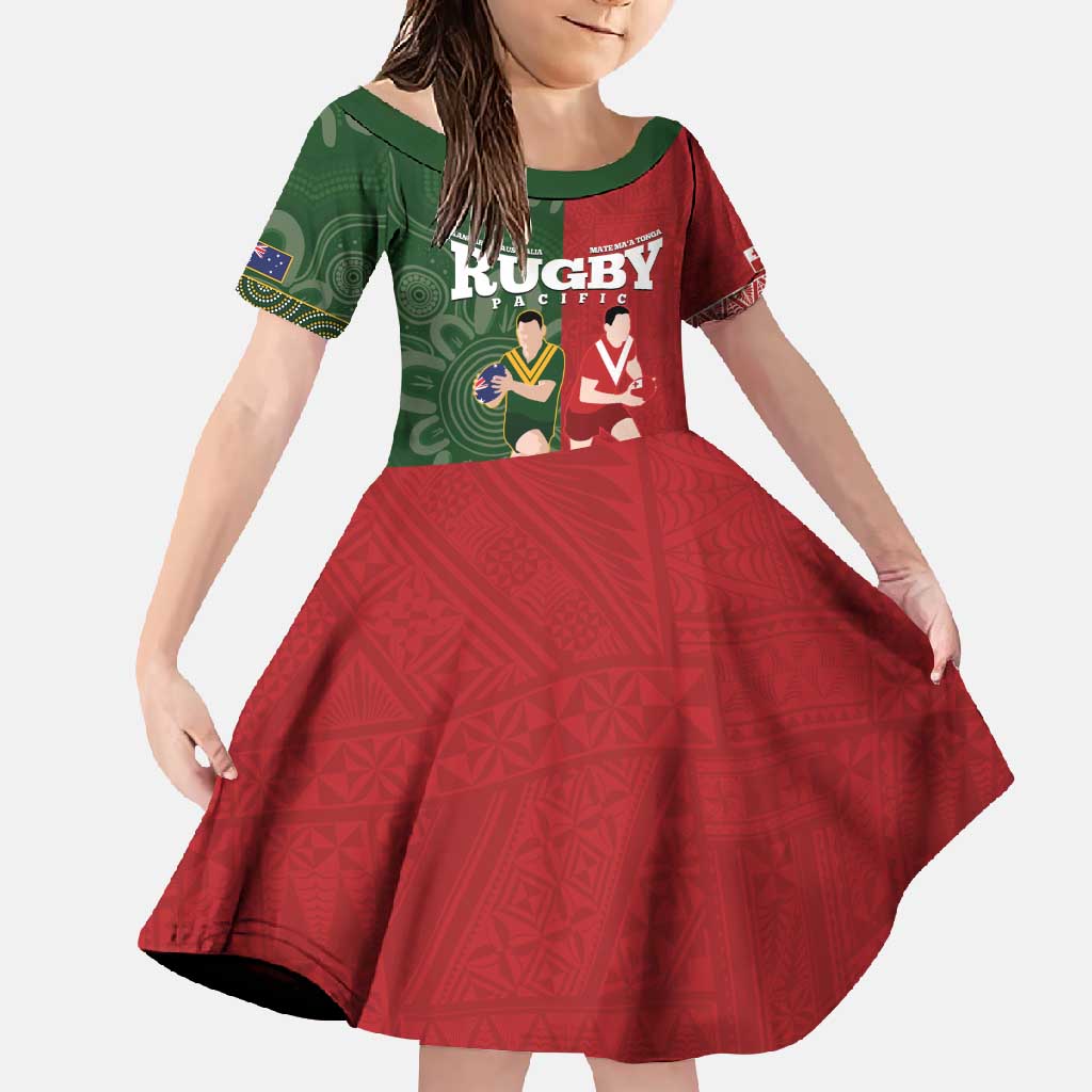 Custom Mate Maa Tonga And Kangaroo Australia Family Matching Mermaid Dress and Hawaiian Shirt Tongan Kupesi Mix Aboriginal Art LT14 Daughter's Dress Green - Polynesian Pride