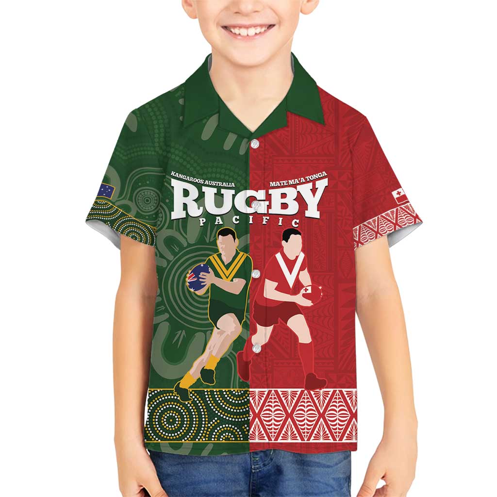 Custom Mate Maa Tonga And Kangaroo Australia Family Matching Tank Maxi Dress and Hawaiian Shirt Tongan Kupesi Mix Aboriginal Art LT14 Son's Shirt Green - Polynesian Pride