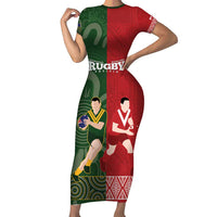 Custom Mate Maa Tonga And Kangaroo Australia Short Sleeve Bodycon Dress Tongan Kupesi Mix Aboriginal Art LT14 Long Dress Green - Polynesian Pride