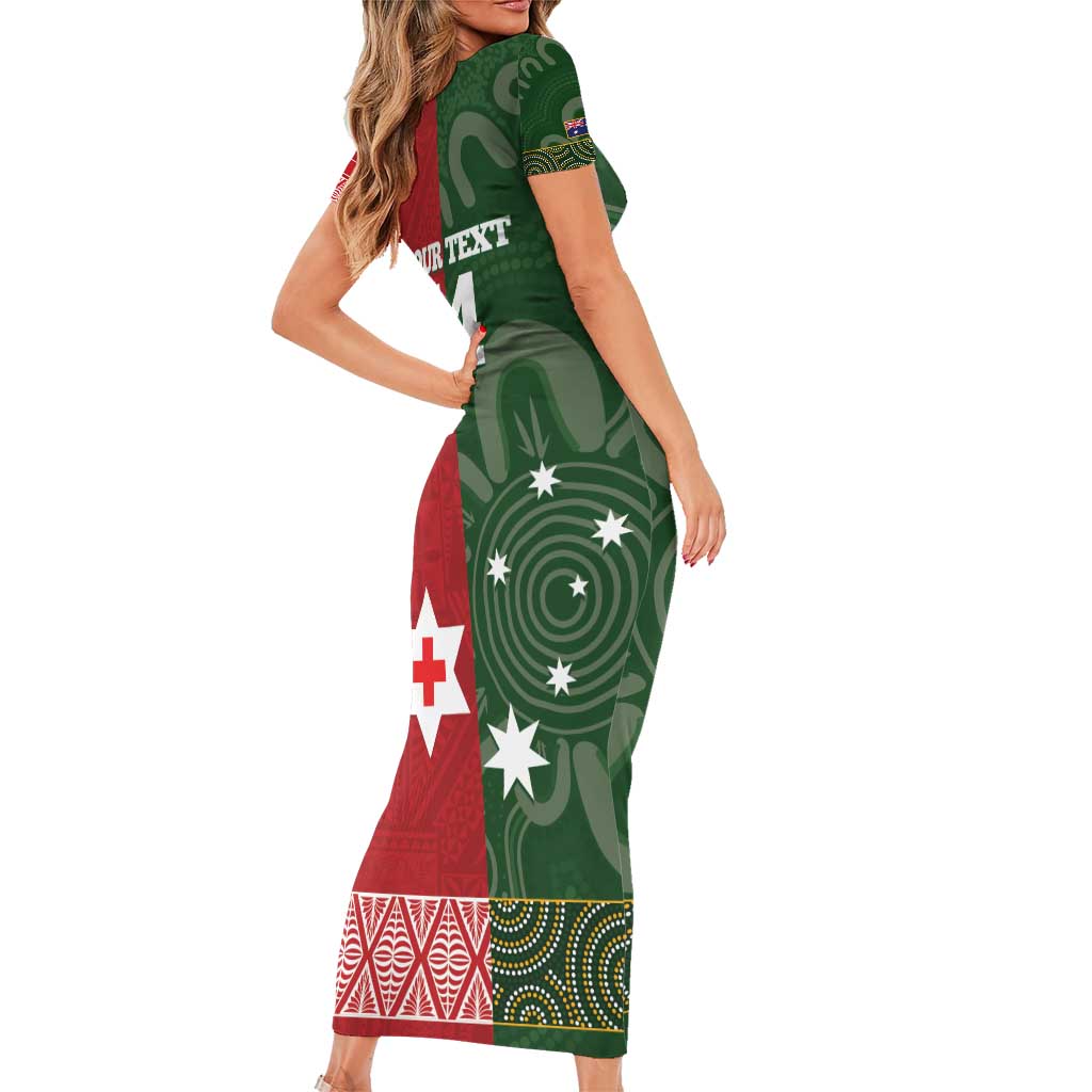 Custom Mate Maa Tonga And Kangaroo Australia Short Sleeve Bodycon Dress Tongan Kupesi Mix Aboriginal Art LT14 - Polynesian Pride