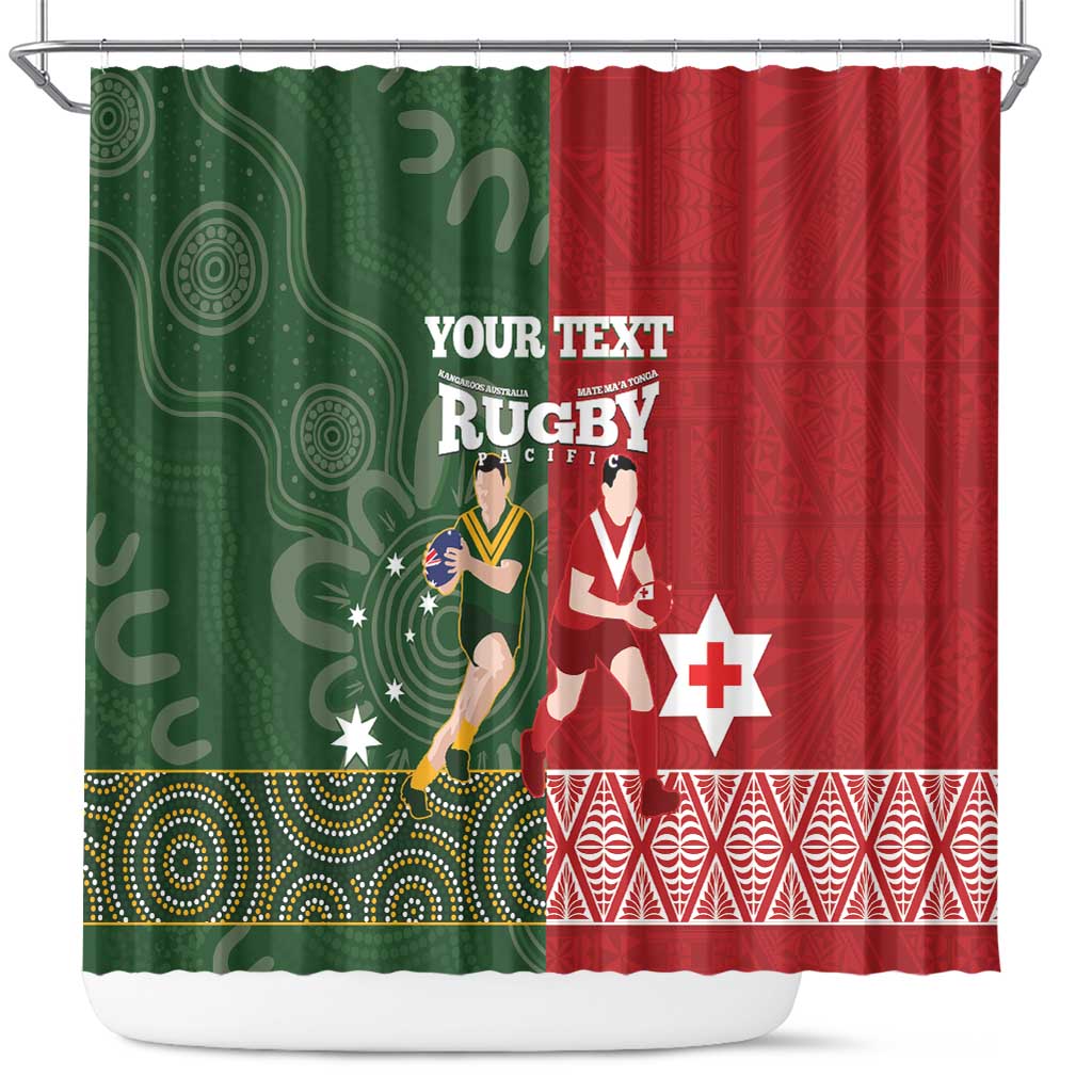 Custom Mate Maa Tonga And Kangaroo Australia Shower Curtain Tongan Kupesi Mix Aboriginal Art LT14 Green - Polynesian Pride