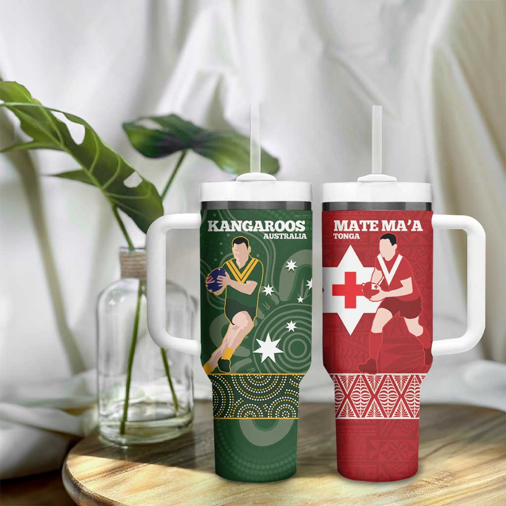 Personalised Mate Maa Tonga And Kangaroo Australia Tumbler With Handle Tongan Kupesi Mix Aboriginal Art