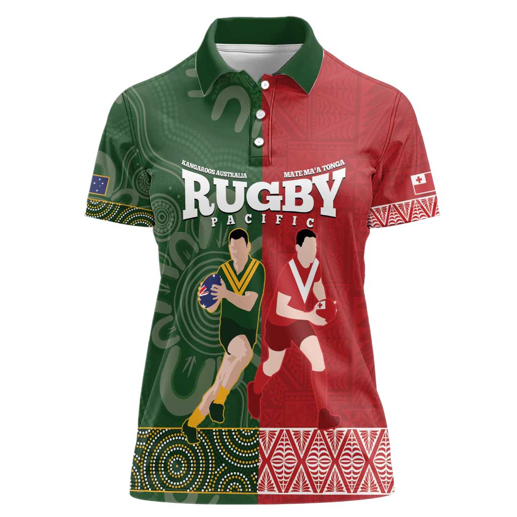 Custom Mate Maa Tonga And Kangaroo Australia Women Polo Shirt Tongan Kupesi Mix Aboriginal Art LT14 Female Green - Polynesian Pride