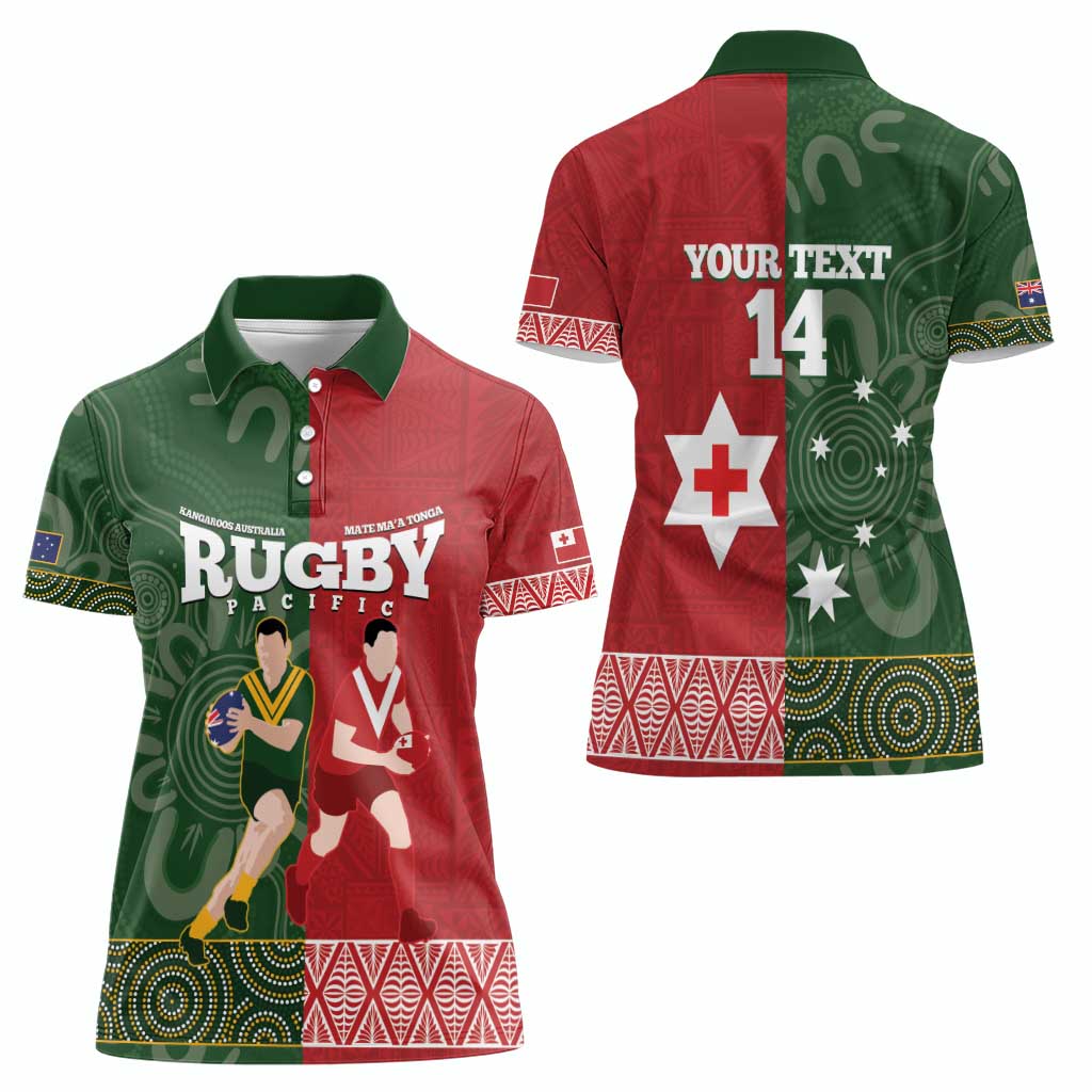 Custom Mate Maa Tonga And Kangaroo Australia Women Polo Shirt Tongan Kupesi Mix Aboriginal Art LT14 - Polynesian Pride