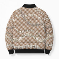 Brown Aloha Hawaii Shell Lei Bomber Puffer Jacket Palaka Hebrew Cone Honey Cowrie Elegant Curves - Polynesian Pride
