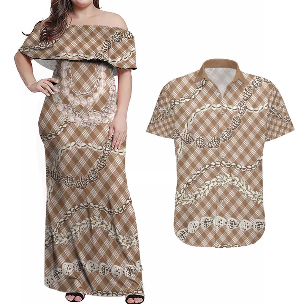 Brown Aloha Hawaii Shell Lei Couples Matching Off Shoulder Maxi Dress and Hawaiian Shirt Palaka Hebrew Cone Honey Cowrie Elegant Curves - Polynesian Pride