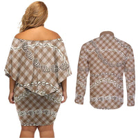 Brown Aloha Hawaii Shell Lei Couples Matching Off Shoulder Short Dress and Long Sleeve Button Shirt Palaka Hebrew Cone Honey Cowrie Elegant Curves - Polynesian Pride