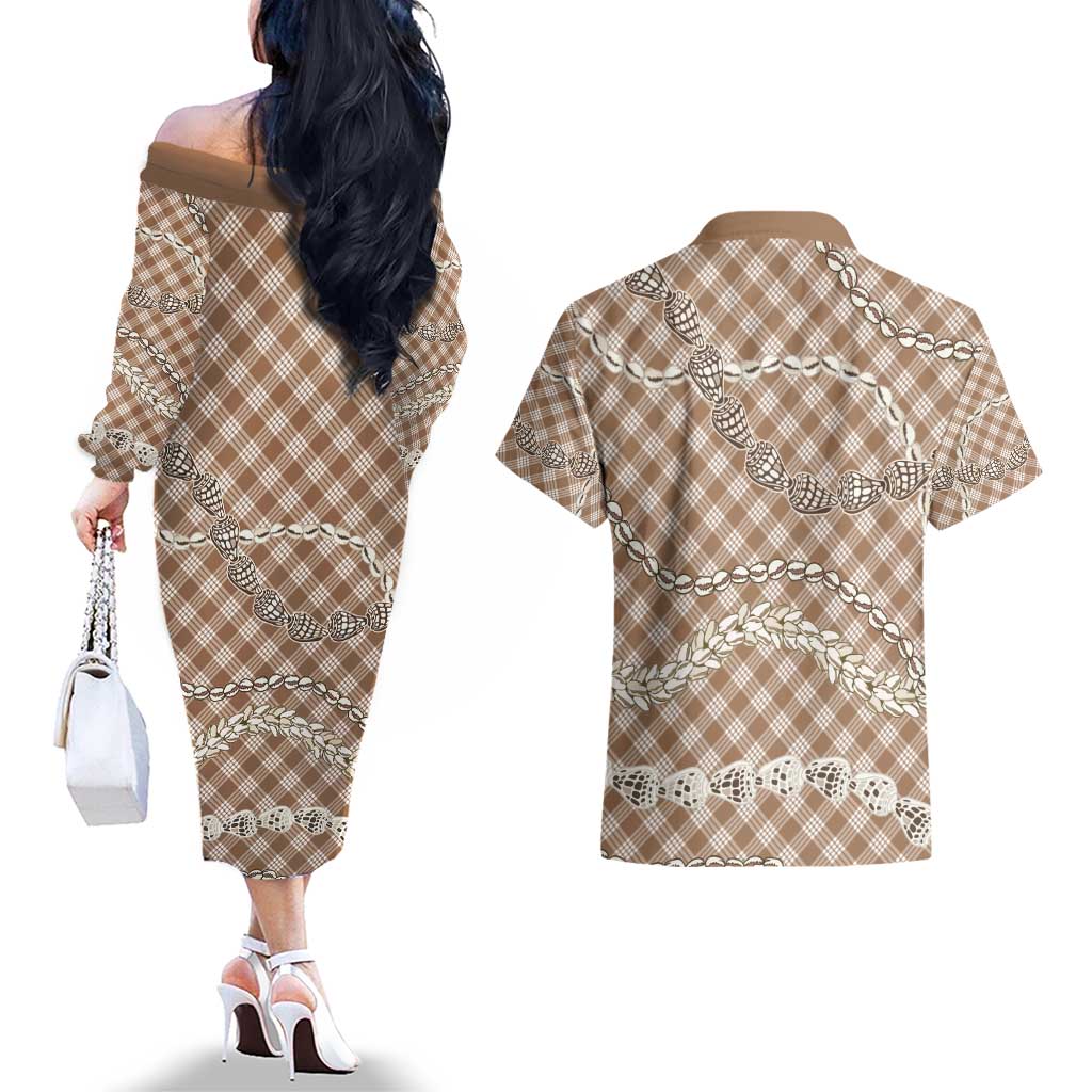 Brown Aloha Hawaii Shell Lei Couples Matching Off The Shoulder Long Sleeve Dress and Hawaiian Shirt Palaka Hebrew Cone Honey Cowrie Elegant Curves - Polynesian Pride