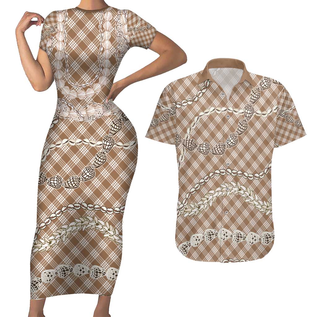 Brown Aloha Hawaii Shell Lei Couples Matching Short Sleeve Bodycon Dress and Hawaiian Shirt Palaka Hebrew Cone Honey Cowrie Elegant Curves - Polynesian Pride