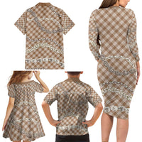 Brown Aloha Hawaii Shell Lei Family Matching Long Sleeve Bodycon Dress and Hawaiian Shirt Palaka Hebrew Cone Honey Cowrie Elegant Curves - Polynesian Pride