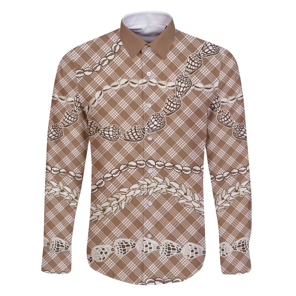 Brown Aloha Hawaii Shell Lei Family Matching Off The Shoulder Long Sleeve Dress and Hawaiian Shirt Palaka Hebrew Cone Honey Cowrie Elegant Curves - Polynesian Pride