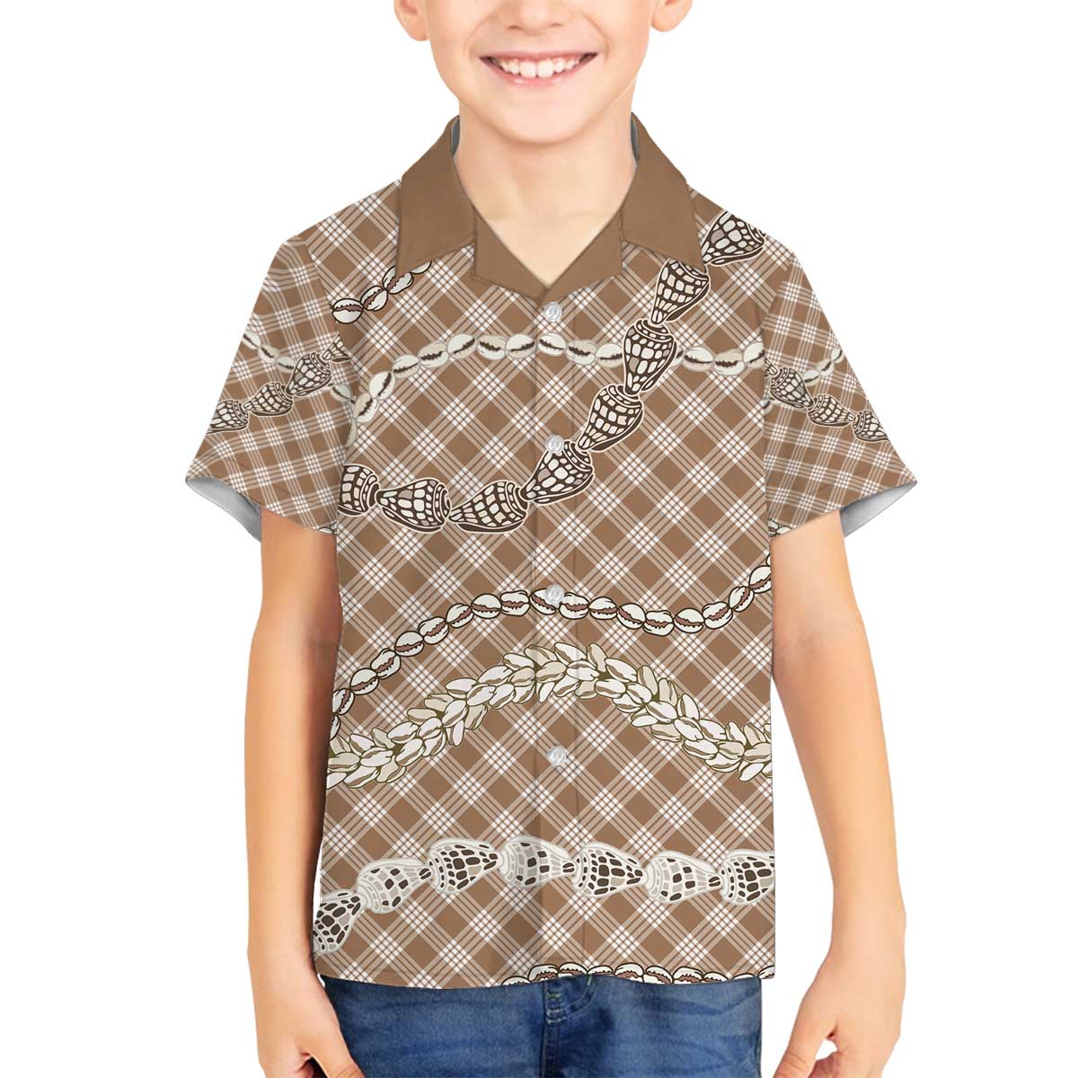 Brown Aloha Hawaii Shell Lei Family Matching Off The Shoulder Long Sleeve Dress and Hawaiian Shirt Palaka Hebrew Cone Honey Cowrie Elegant Curves - Polynesian Pride