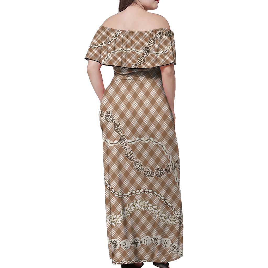 Brown Aloha Hawaii Shell Lei Family Matching Off Shoulder Maxi Dress and Hawaiian Shirt Palaka Hebrew Cone Honey Cowrie Elegant Curves - Polynesian Pride
