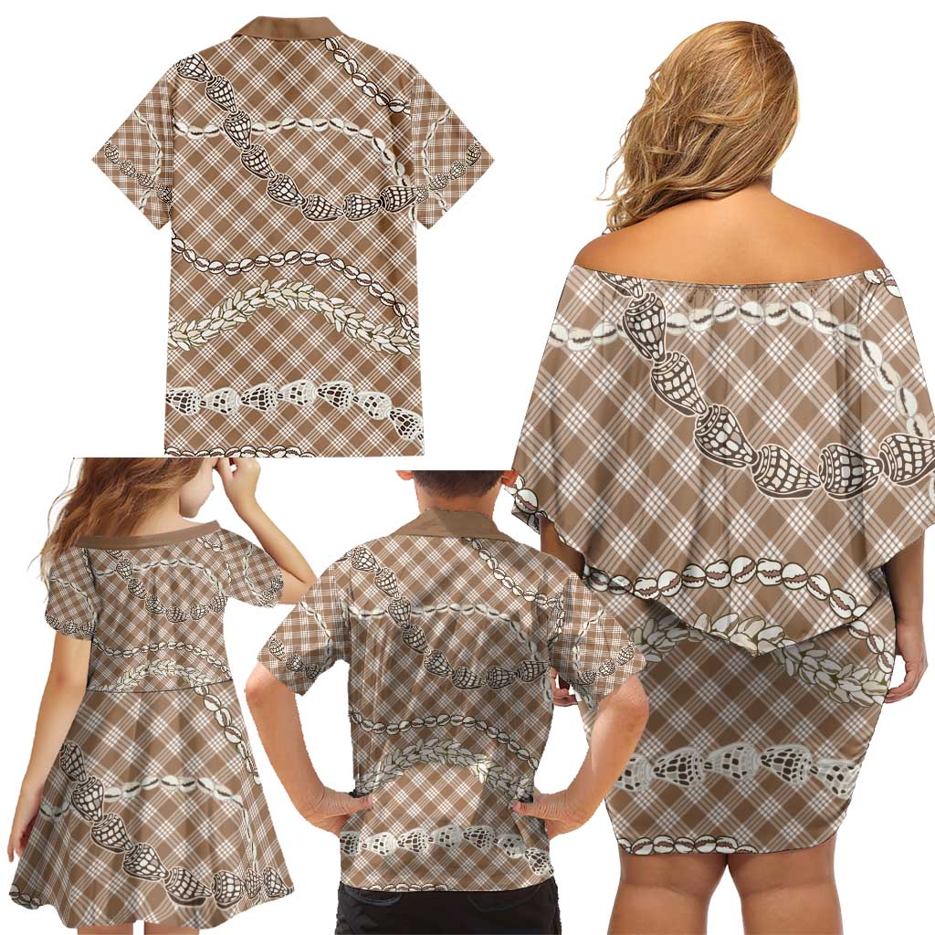 Brown Aloha Hawaii Shell Lei Family Matching Off Shoulder Short Dress and Hawaiian Shirt Palaka Hebrew Cone Honey Cowrie Elegant Curves - Polynesian Pride
