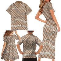 Brown Aloha Hawaii Shell Lei Family Matching Short Sleeve Bodycon Dress and Hawaiian Shirt Palaka Hebrew Cone Honey Cowrie Elegant Curves - Polynesian Pride