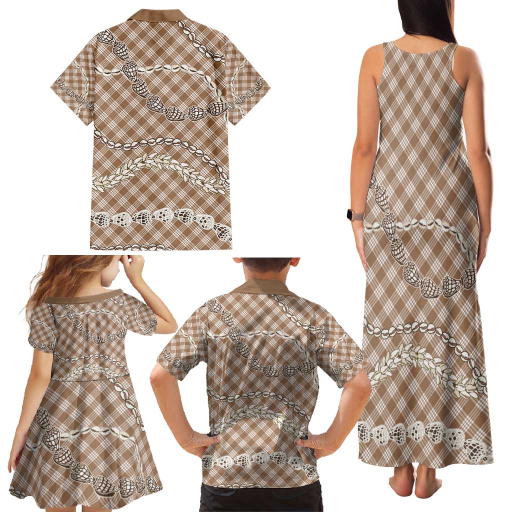 Brown Aloha Hawaii Shell Lei Family Matching Tank Maxi Dress and Hawaiian Shirt Palaka Hebrew Cone Honey Cowrie Elegant Curves - Polynesian Pride