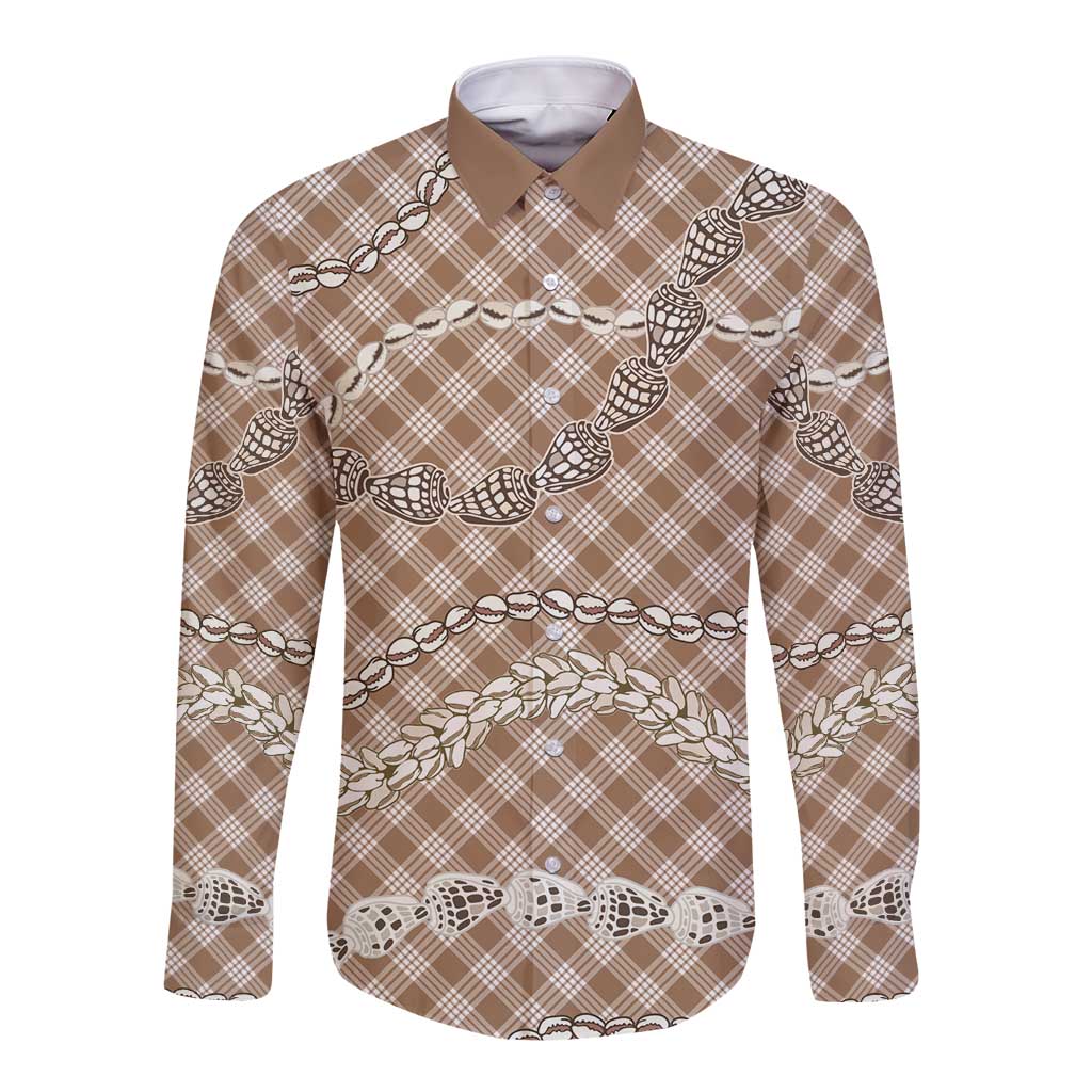 Brown Aloha Hawaii Shell Lei Long Sleeve Button Shirt Palaka Hebrew Cone Honey Cowrie Elegant Curves - Polynesian Pride