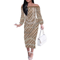 Brown Aloha Hawaii Shell Lei Off The Shoulder Long Sleeve Dress Palaka Hebrew Cone Honey Cowrie Elegant Curves - Polynesian Pride
