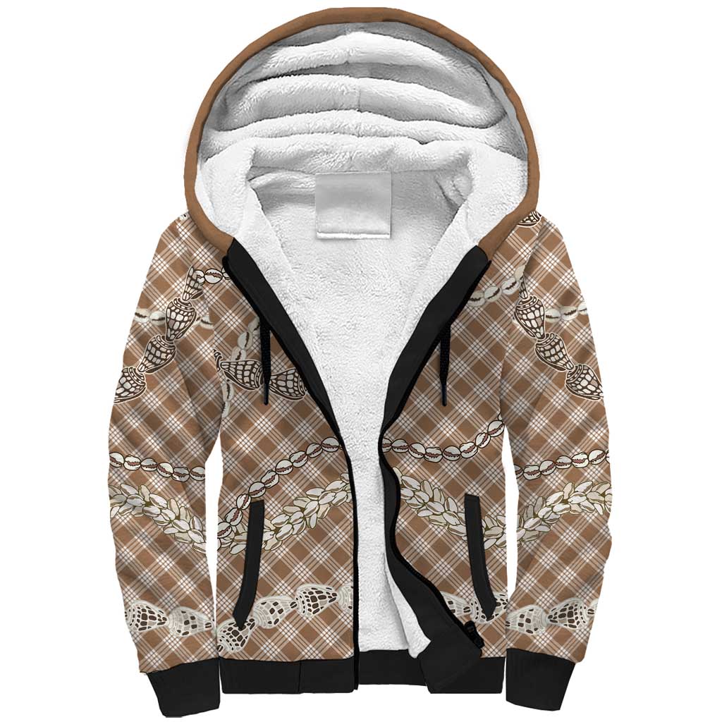 Brown Aloha Hawaii Shell Lei Sherpa Hoodie Palaka Hebrew Cone Honey Cowrie Elegant Curves LT14 Unisex Brown - Polynesian Pride