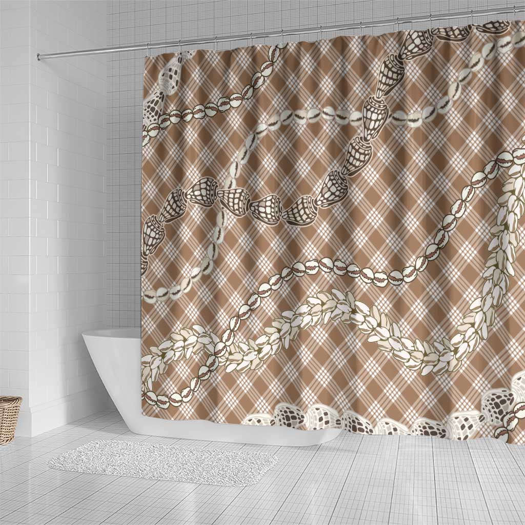 Brown Aloha Hawaii Shell Lei Shower Curtain Palaka Hebrew Cone Honey Cowrie Elegant Curves - Polynesian Pride