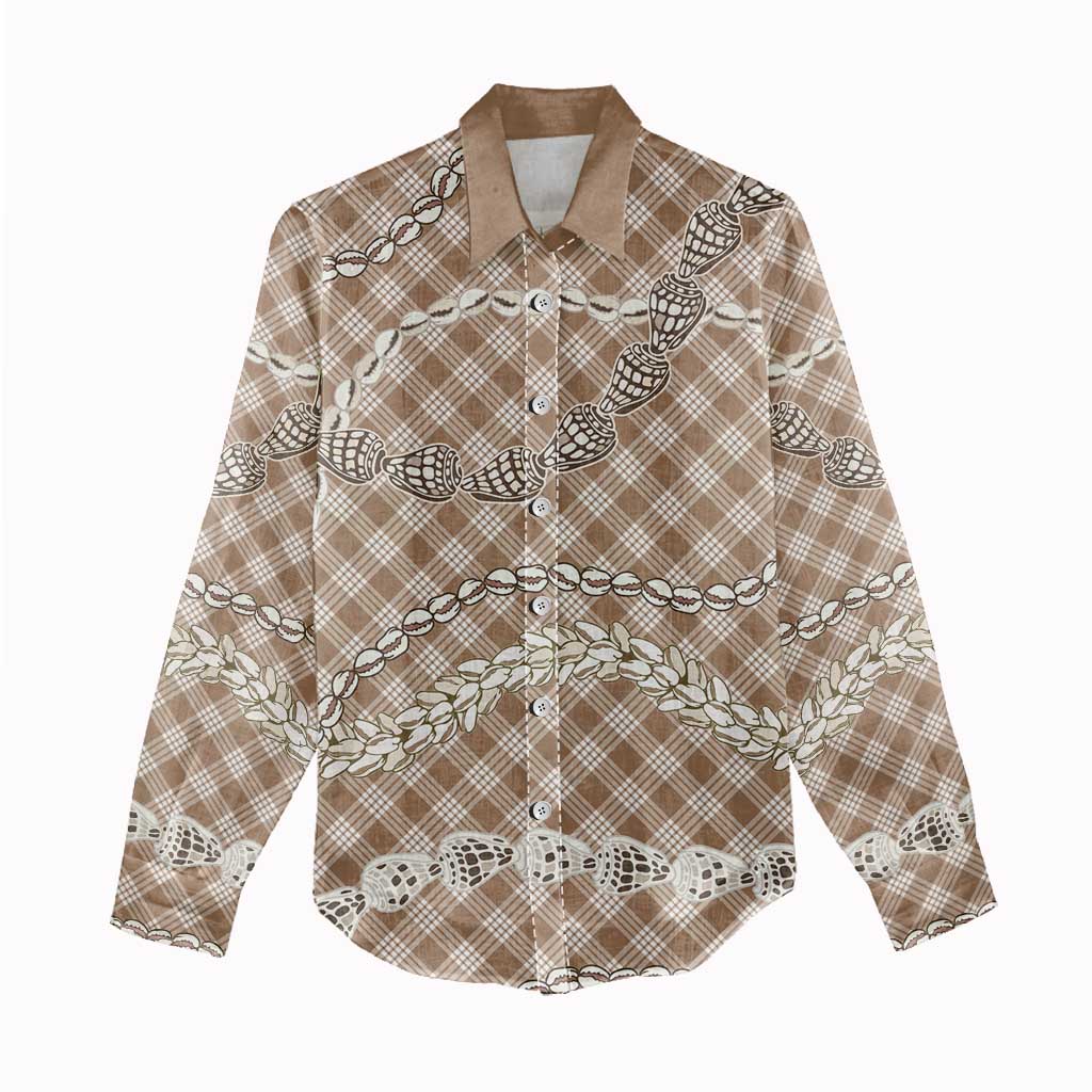 Brown Aloha Hawaii Shell Lei Women Casual Shirt Palaka Hebrew Cone Honey Cowrie Elegant Curves - Polynesian Pride