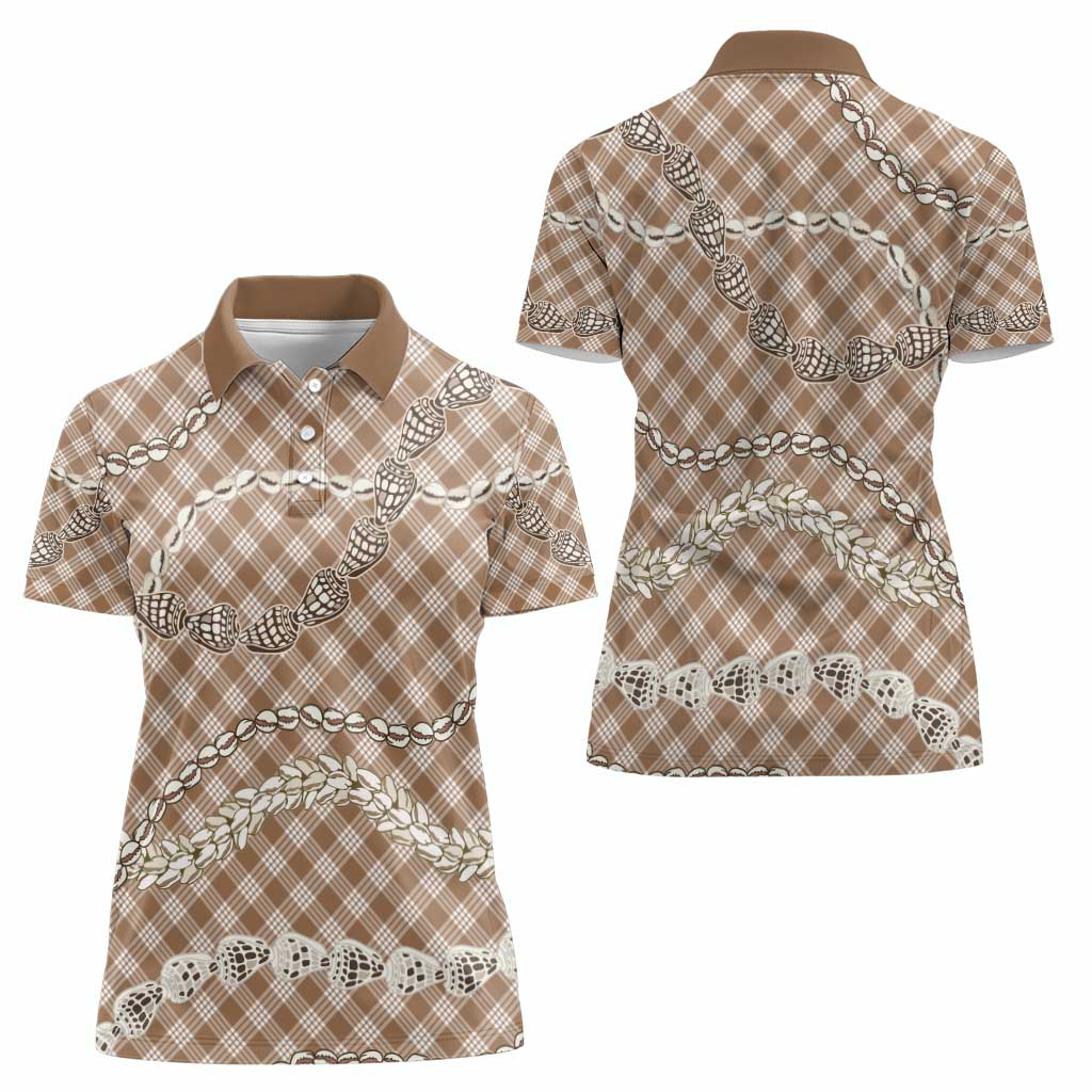 Brown Aloha Hawaii Shell Lei Women Polo Shirt Palaka Hebrew Cone Honey Cowrie Elegant Curves - Polynesian Pride