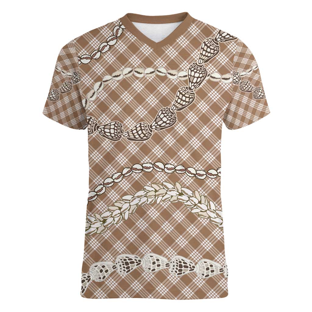 Brown Aloha Hawaii Shell Lei Women V-Neck T-Shirt Palaka Hebrew Cone Honey Cowrie Elegant Curves - Polynesian Pride