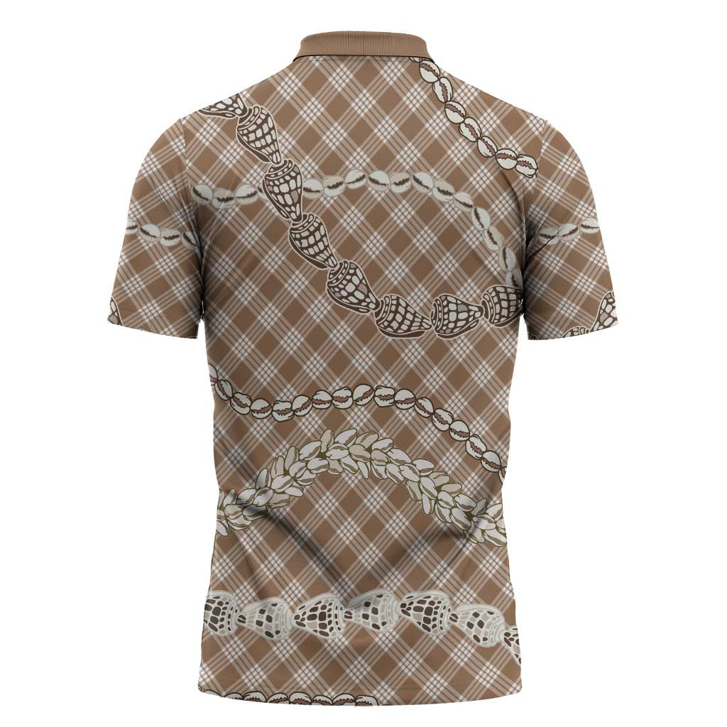 Brown Aloha Hawaii Shell Lei Zipper Polo Shirt Palaka Hebrew Cone Honey Cowrie Elegant Curves - Polynesian Pride