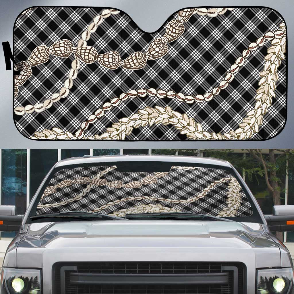 Black Aloha Hawaii Shell Lei Auto Sun Shade Palaka Hebrew Cone Honey Cowrie Elegant Curves - Polynesian Pride
