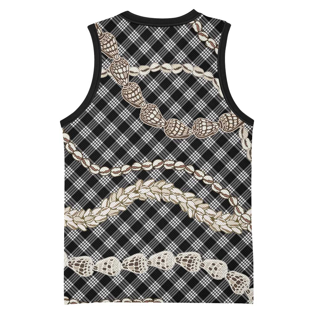 Black Aloha Hawaii Shell Lei Basketball Jersey Palaka Hebrew Cone Honey Cowrie Elegant Curves - Polynesian Pride
