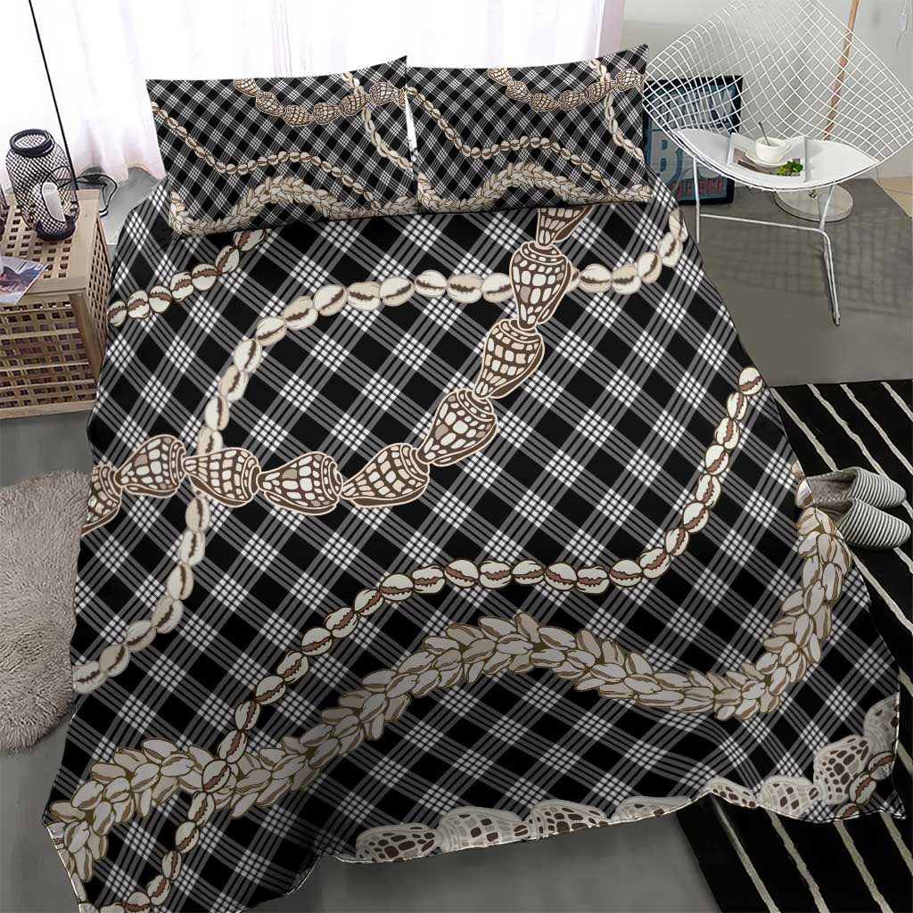 Black Aloha Hawaii Shell Lei Bedding Set Palaka Hebrew Cone Honey Cowrie Elegant Curves - Polynesian Pride