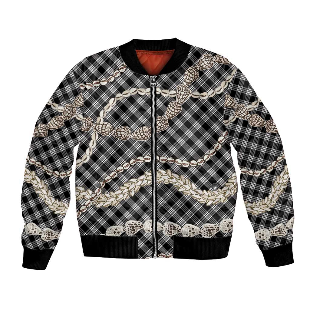 Black Aloha Hawaii Shell Lei Bomber Jacket Palaka Hebrew Cone Honey Cowrie Elegant Curves - Polynesian Pride