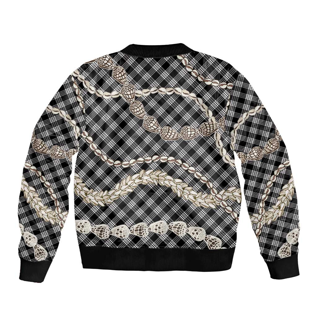 Black Aloha Hawaii Shell Lei Bomber Jacket Palaka Hebrew Cone Honey Cowrie Elegant Curves - Polynesian Pride