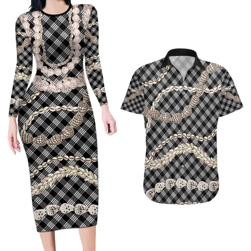 Black Aloha Hawaii Shell Lei Couples Matching Long Sleeve Bodycon Dress and Hawaiian Shirt Palaka Hebrew Cone Honey Cowrie Elegant Curves - Polynesian Pride