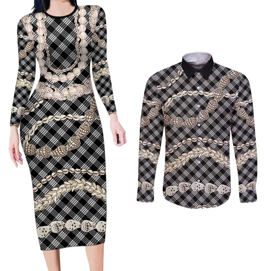 Black Aloha Hawaii Shell Lei Couples Matching Long Sleeve Bodycon Dress and Long Sleeve Button Shirt Palaka Hebrew Cone Honey Cowrie Elegant Curves - Polynesian Pride