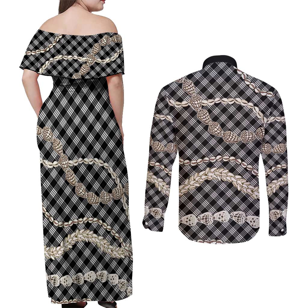 Black Aloha Hawaii Shell Lei Couples Matching Off Shoulder Maxi Dress and Long Sleeve Button Shirt Palaka Hebrew Cone Honey Cowrie Elegant Curves - Polynesian Pride