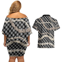 Black Aloha Hawaii Shell Lei Couples Matching Off Shoulder Short Dress and Hawaiian Shirt Palaka Hebrew Cone Honey Cowrie Elegant Curves - Polynesian Pride