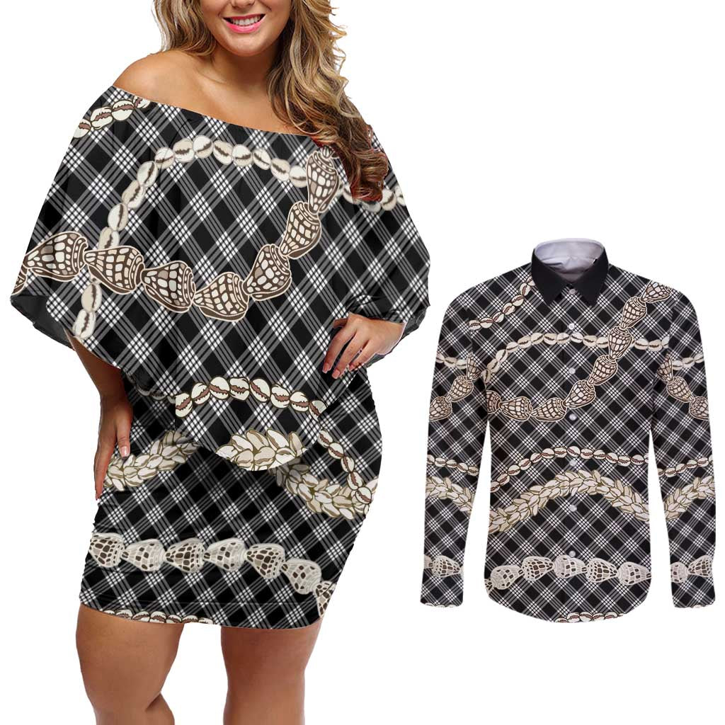 Black Aloha Hawaii Shell Lei Couples Matching Off Shoulder Short Dress and Long Sleeve Button Shirt Palaka Hebrew Cone Honey Cowrie Elegant Curves - Polynesian Pride