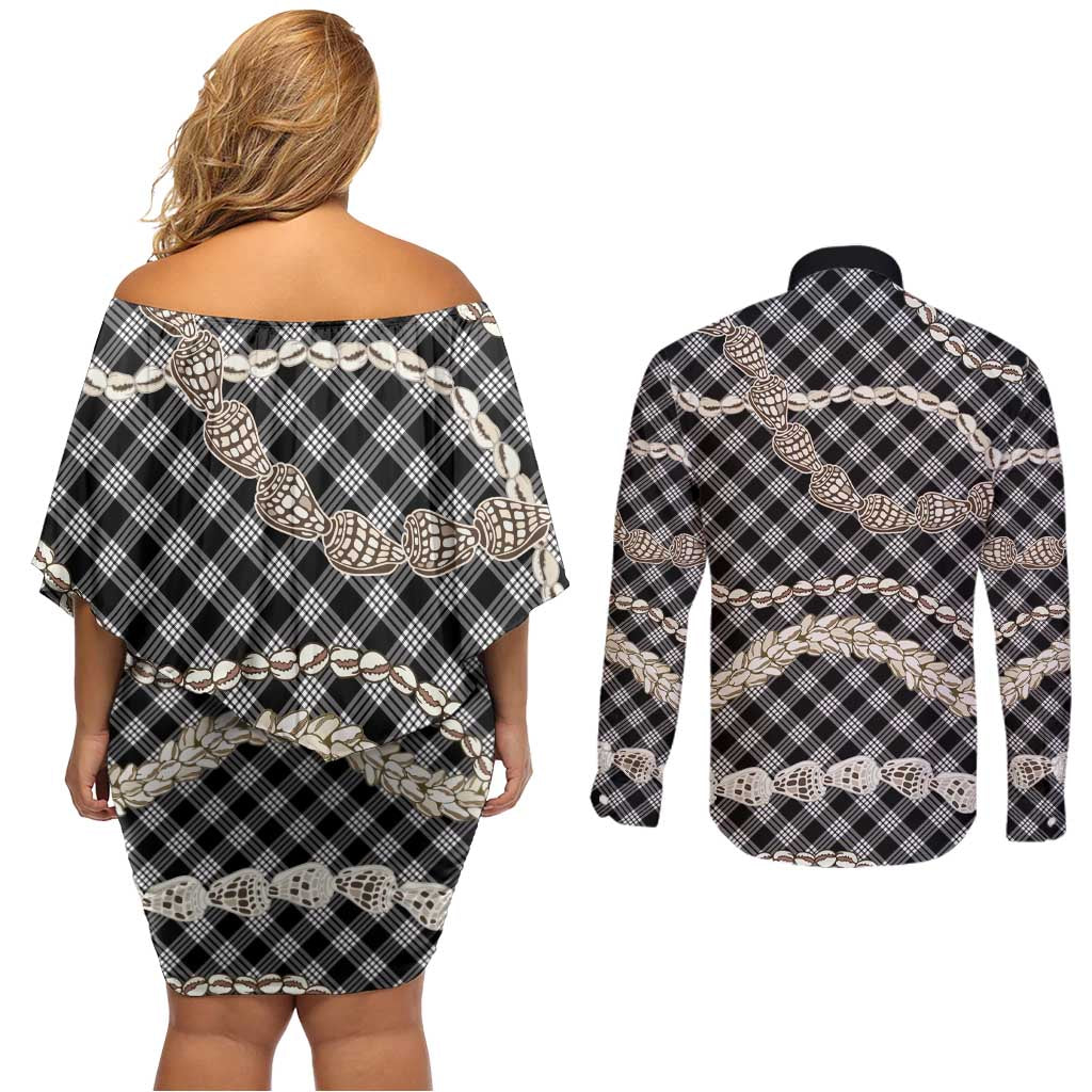 Black Aloha Hawaii Shell Lei Couples Matching Off Shoulder Short Dress and Long Sleeve Button Shirt Palaka Hebrew Cone Honey Cowrie Elegant Curves - Polynesian Pride