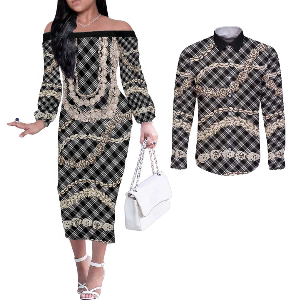 Black Aloha Hawaii Shell Lei Couples Matching Off The Shoulder Long Sleeve Dress and Long Sleeve Button Shirt Palaka Hebrew Cone Honey Cowrie Elegant Curves - Polynesian Pride