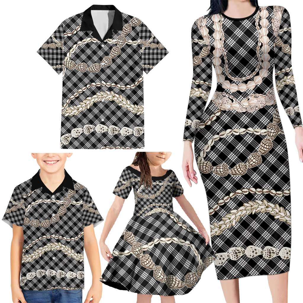 Black Aloha Hawaii Shell Lei Family Matching Long Sleeve Bodycon Dress and Hawaiian Shirt Palaka Hebrew Cone Honey Cowrie Elegant Curves - Polynesian Pride