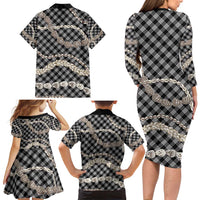 Black Aloha Hawaii Shell Lei Family Matching Long Sleeve Bodycon Dress and Hawaiian Shirt Palaka Hebrew Cone Honey Cowrie Elegant Curves - Polynesian Pride