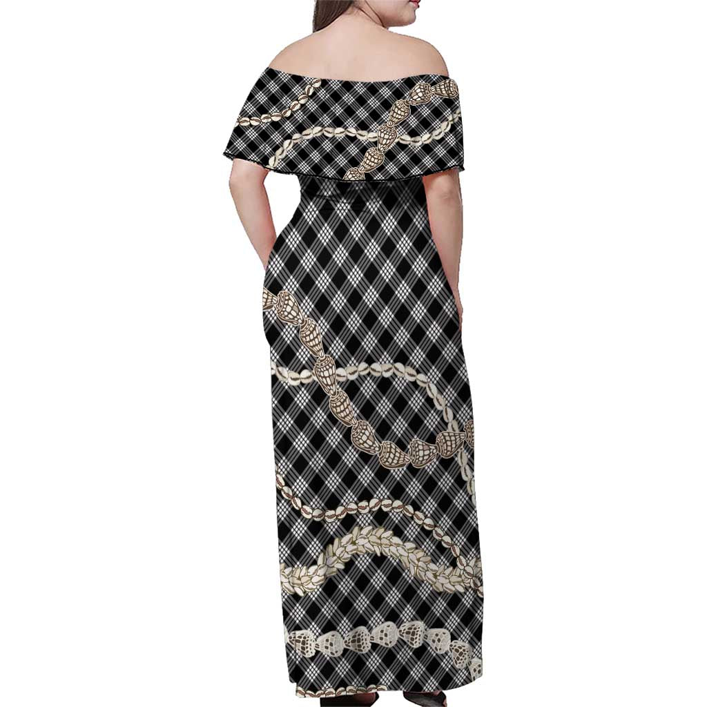 Black Aloha Hawaii Shell Lei Family Matching Off Shoulder Maxi Dress and Hawaiian Shirt Palaka Hebrew Cone Honey Cowrie Elegant Curves - Polynesian Pride