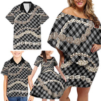 Black Aloha Hawaii Shell Lei Family Matching Off Shoulder Short Dress and Hawaiian Shirt Palaka Hebrew Cone Honey Cowrie Elegant Curves - Polynesian Pride