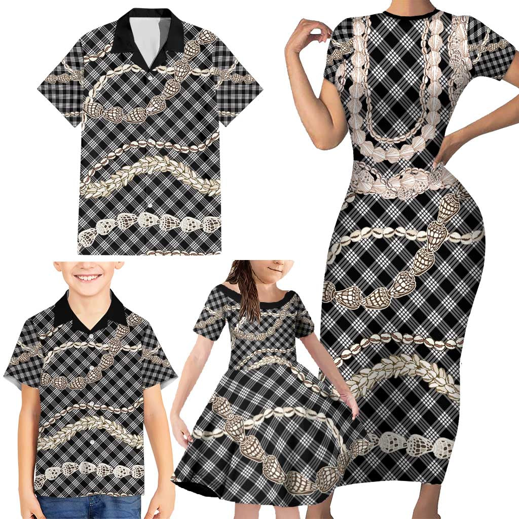 Black Aloha Hawaii Shell Lei Family Matching Short Sleeve Bodycon Dress and Hawaiian Shirt Palaka Hebrew Cone Honey Cowrie Elegant Curves - Polynesian Pride