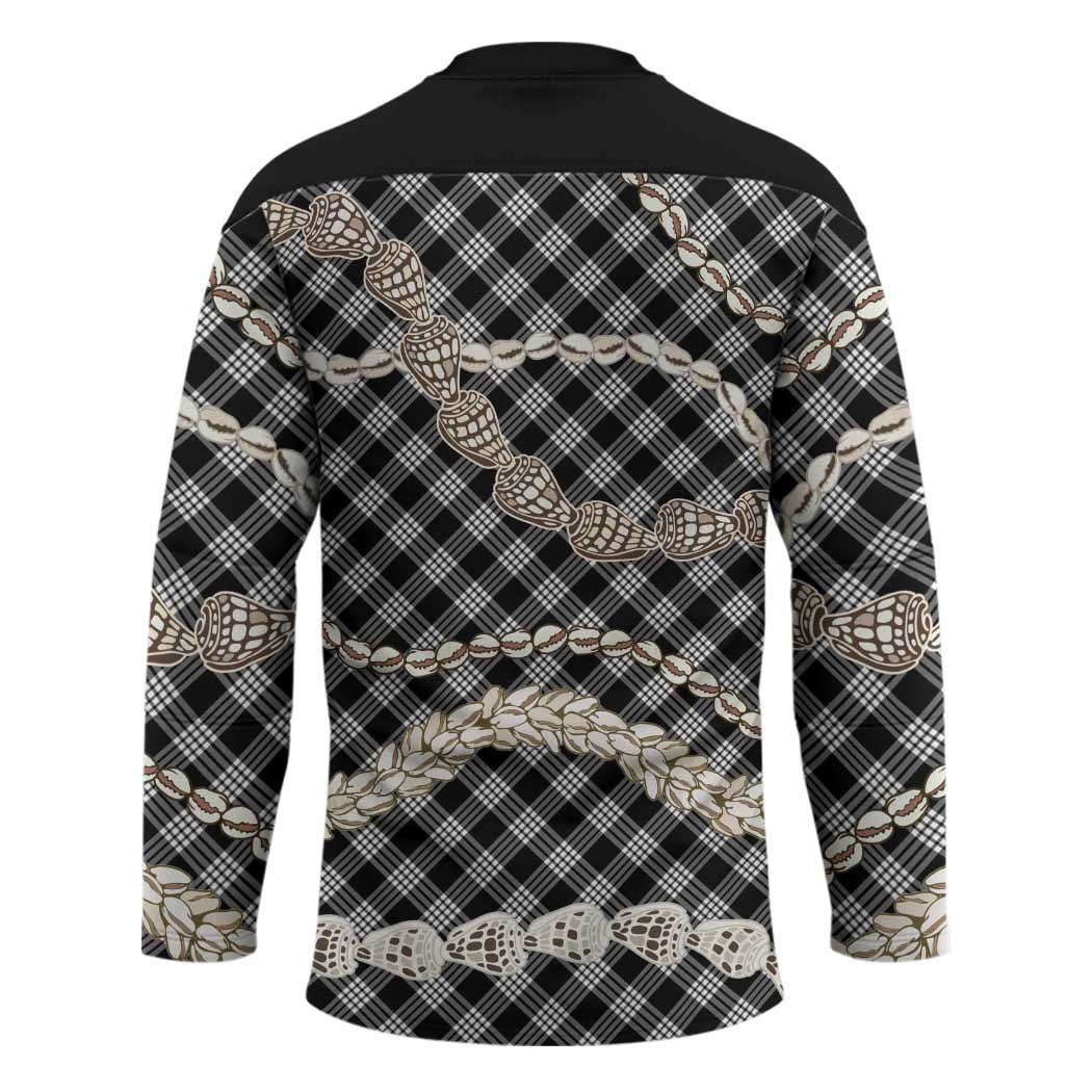 Black Aloha Hawaii Shell Lei Hockey Jersey Palaka Hebrew Cone Honey Cowrie Elegant Curves - Polynesian Pride
