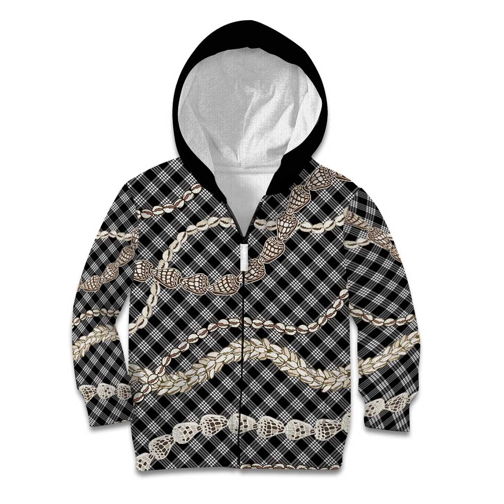 Black Aloha Hawaii Shell Lei Kid Hoodie Palaka Hebrew Cone Honey Cowrie Elegant Curves - Polynesian Pride