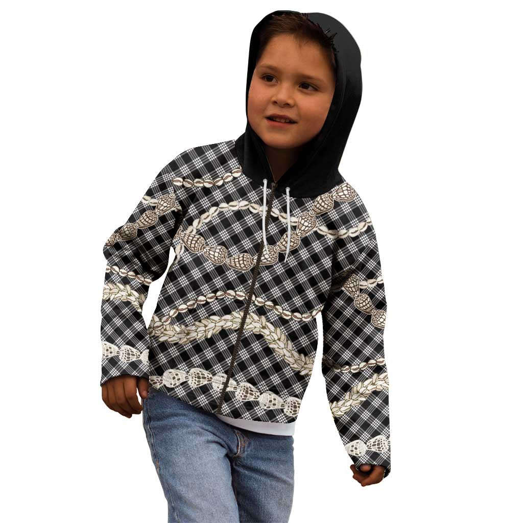 Black Aloha Hawaii Shell Lei Kid Hoodie Palaka Hebrew Cone Honey Cowrie Elegant Curves - Polynesian Pride