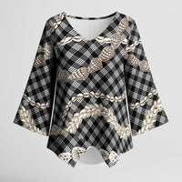 Black Aloha Hawaii Shell Lei Kimono Sleeve Blouse Palaka Hebrew Cone Honey Cowrie Elegant Curves - Polynesian Pride