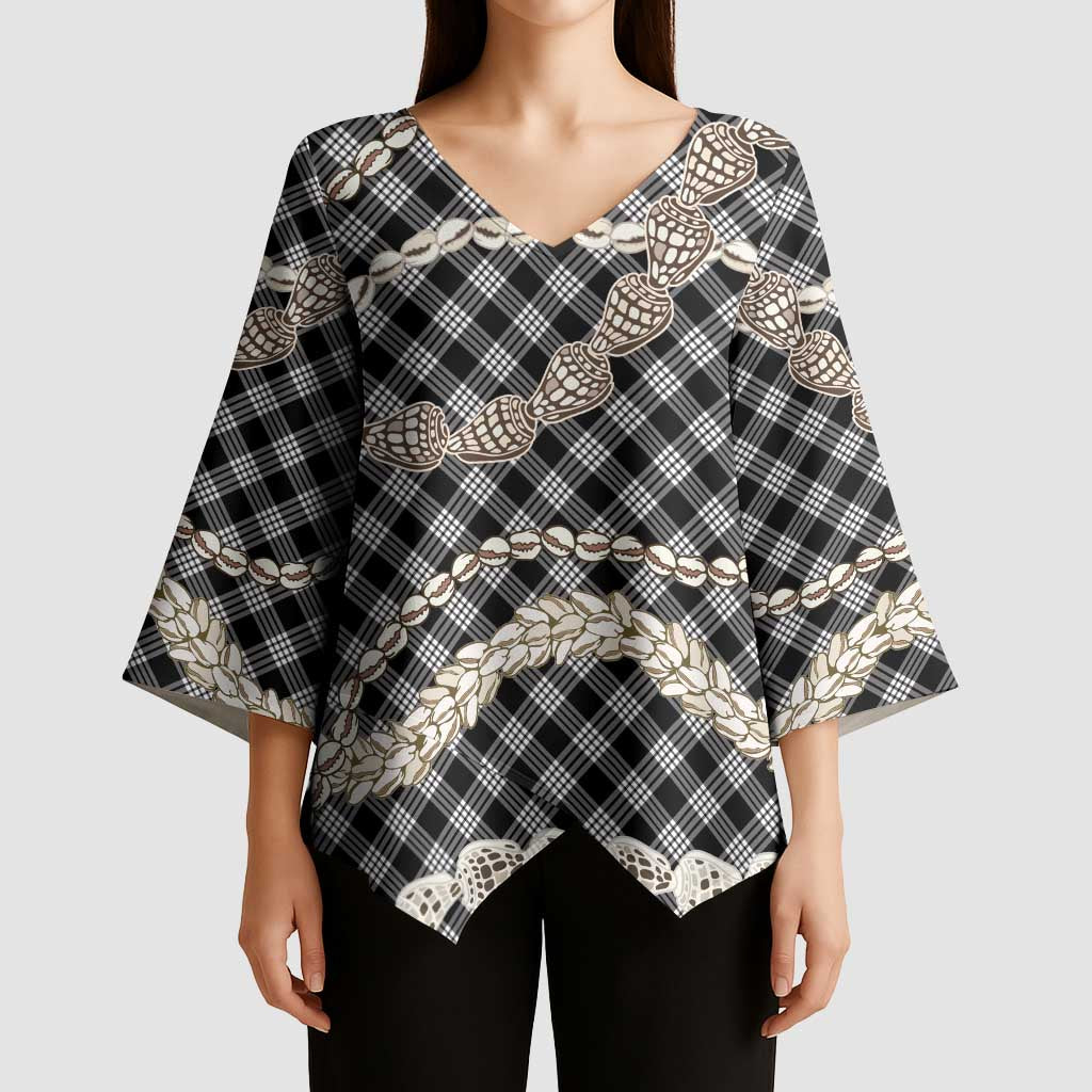 Black Aloha Hawaii Shell Lei Kimono Sleeve Blouse Palaka Hebrew Cone Honey Cowrie Elegant Curves - Polynesian Pride